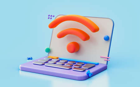 laptop network technology data analysis and wi-fi internet connection signal line icon 3d render concept for website and application symbol backgroundの写真素材