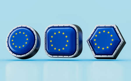 3d render Flag signs of European Union in three different shape frame, circle, square and hexagonの写真素材