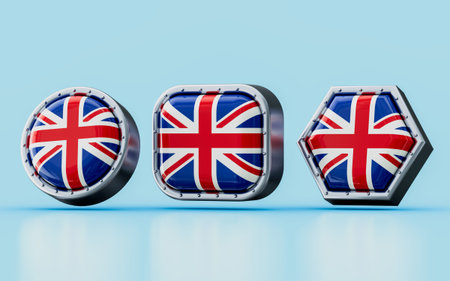 3d render Flag signs of United kingdom in three different shape frame, circle, square and hexagon