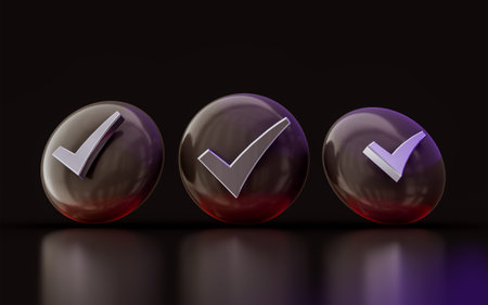 3 check mark sign with circle badge on dark background 3d illustration  for confirm approve accept