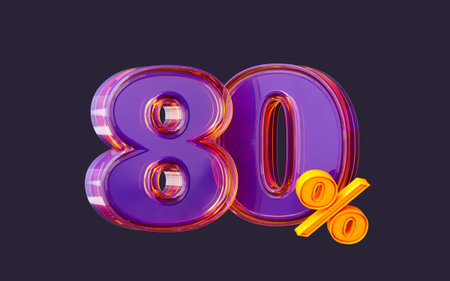 purple glass effect realistic 80 percent number symbol 3d render big sale online shopping banner