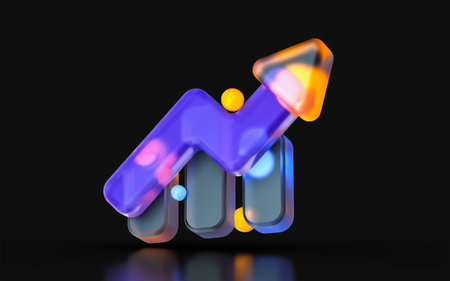 glass morphism business chart up icon with colorful gradient light on dark background 3d render
