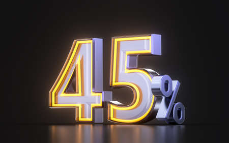 45 percent discount offer icon with metal neon glowing light on dark background 3d illustrationの写真素材