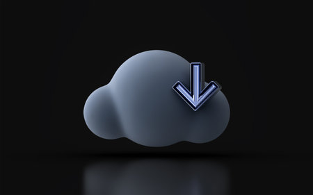 cloud down arrow sign on dark background 3d render concept for file data information save store