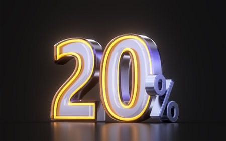 20 percent discount offer icon with metal neon glowing light on dark background 3d illustrationの写真素材