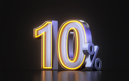 10 percent discount offer icon with metal neon glowing light on dark background 3d illustrationの写真素材