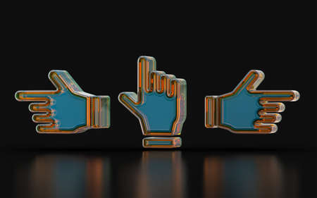 left right and up hand direction sign with glass morphism on dark background 3d illustrationの写真素材