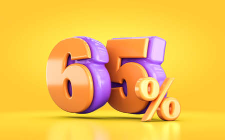 3d render orange and purple 65 percent number of promotional sale discount on yellow backgroundの写真素材