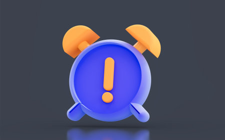 alarm clock with exclamation sign minimalistic look dark background 3d render concept for attentionの写真素材