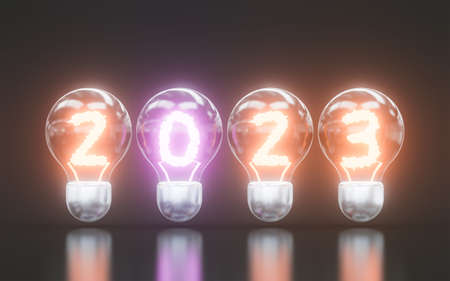 happy new year 2023 inside glowing colorful lightbulb on dark background 3d render conceptの写真素材