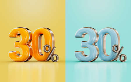 30 percent discount offer with two different glossy color orange and cyan 3d render conceptの写真素材