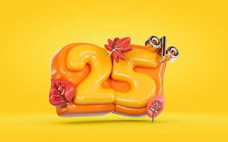 Autumn sale banner 25 percent discount number with maple leaf on yellow background 3d renderの写真素材