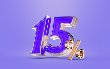 15 percent discount offer purple color number and background 3d render concept for big shopping