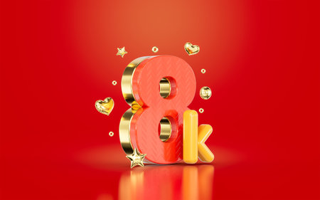red golden number 8k eight thousand social media followers Subscribers celebration 3d render