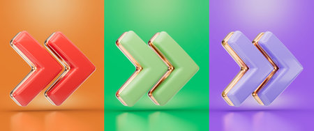 fast forward sign red green and purple color 3d render concept for fast working process arrowの写真素材