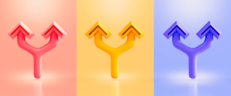 Junction sign red yellow and purple color 3d render concept for concept for highway rode signal