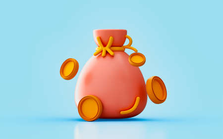 bag sing with floating coins 3d render concept for money savings cashless society cash storeの写真素材