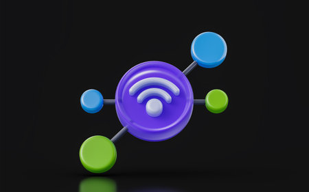 WIFI sign on dark background 3d render concept for global wireless connectivity systemの写真素材