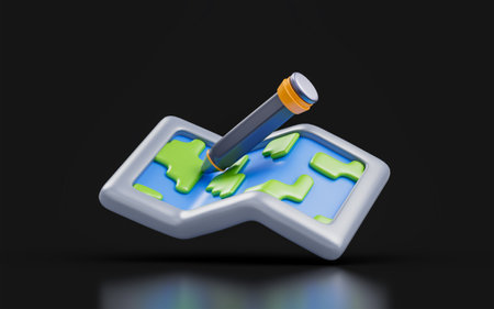 world map sign with pencil on dark background 3d render concept for cartography edit mapの写真素材