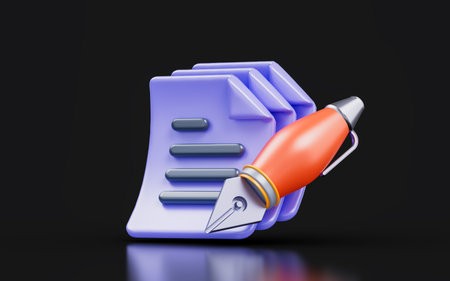document with pen sign on dark background 3d render concept for writing letter paper workの写真素材