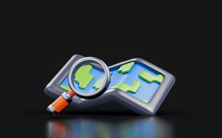 world map sign with magnify glass sign on dark background 3d render concept for location exploreの写真素材