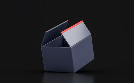 open box sign on dark background 3d render concept for shipping and delivery storageの写真素材