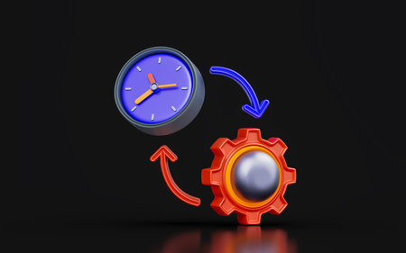 gear sign with clock on dark background 3d render concept for time management