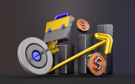 line chart with bulls eye arrow briefcase dollar coin sign on dark background 3d render concept