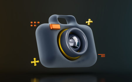 camera sign on dark background 3d render concept for photo capture machine video recordの写真素材