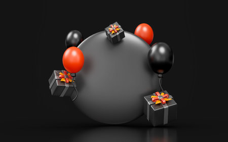 sale banner template with giftbox balloon 3d render concept for black Friday big discount offerの写真素材
