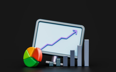 monitor sign with pie chart bar on dark background 3d render concept for business growth reportの写真素材