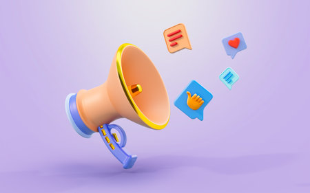 megaphone with emoji sign 3d render concept for social media marketing advertising feedbackの写真素材