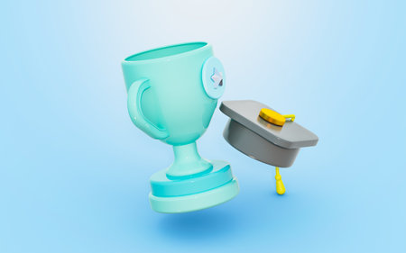 trophy with graduation cap sign 3d render concept for higher education prize rewardsの写真素材