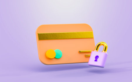 credit card with pad lock sign 3d render concept for payment security protection passwordの写真素材