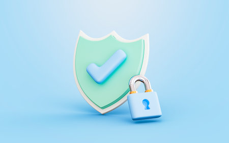 security shield check mark with lock sign 3d render concept for cyber protection defenseの写真素材