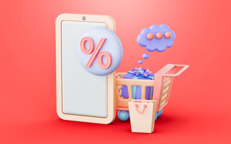 smartphone with percentage badge shopping cart bag sign 3d render concept for discount offer