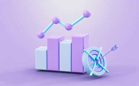 business line chart sign with bullseye arrow 3d render concept for financial improvementの写真素材