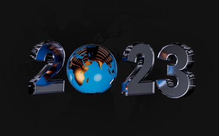 happy new year 2023 banner template design with globe on dark background 3d render conceptの写真素材