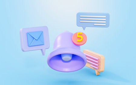 notification bell with envelop message sign 3d render concept for alert SMS in mobile phoneの写真素材