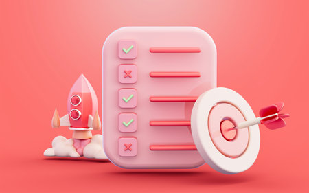taskbar check and uncheck with rocket launching and bullseye arrow 3d illustration for document taskの写真素材