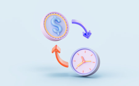 dollar and clock sign 3d render concept for time and money exchange time is money