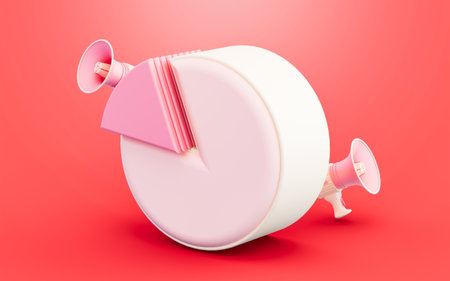 chart pie megaphone symbol online marketing data diagram communicate 3d illustration red backgroundの写真素材