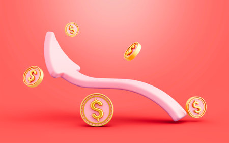 dollar coin with growth arrow sign on red background 3d illustration concept for money rate increase