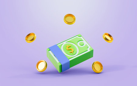 dollar note bundle with gold coin sign 3d render concept for money saving income investmentの写真素材