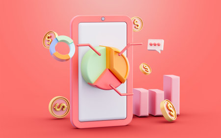 smartphone with pie line chart message dollar coin sign 3d illustration concept for business details