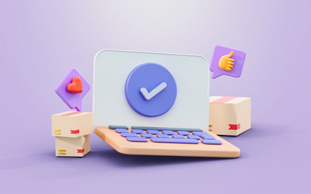 laptop sign with parcel box love like 3d render concept for online product delivery feedbackの写真素材