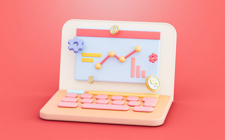 laptop chart website interface cogwheel dollar coin 3d illustration for Data and Analytics Softwareの写真素材