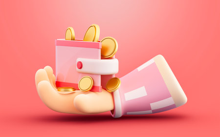 wallet up to hand with coin sing on red background 3d illustration concept for money savingsの写真素材