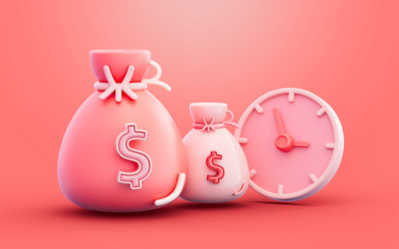 dollar bag with clock sign on red background 3d illustration concept for money grow time history