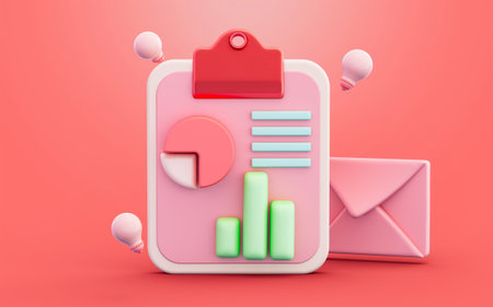 clipboard business data chart pie line with lightbulb and email envelope 3d illustration background